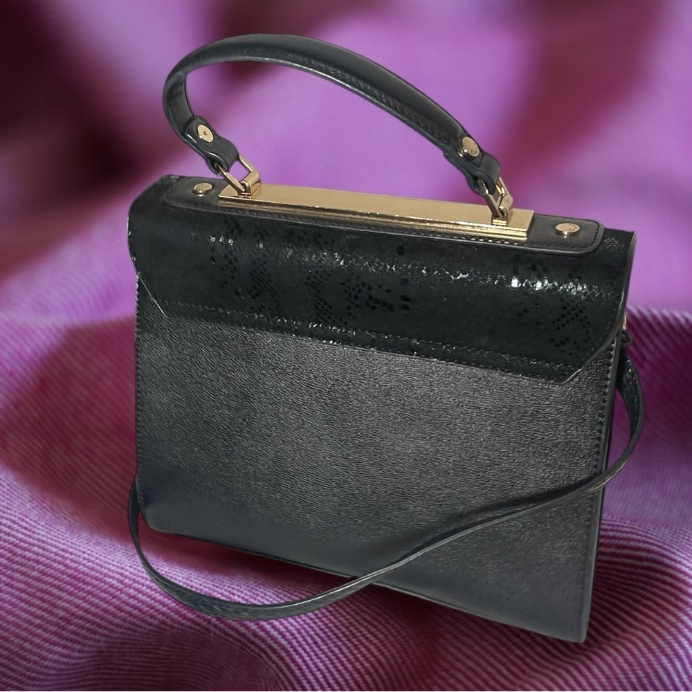 Dune London Black Faux Leather Reptile Embossed Structured Satchel Crossbody - Picture 3 of 15